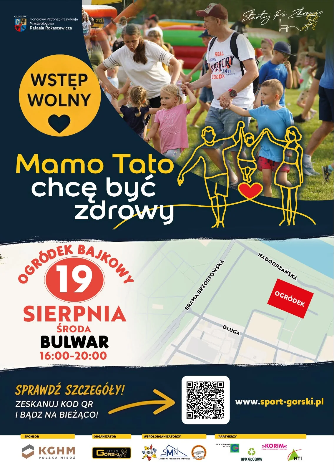 Plakat ogródka bajkowego - finał cyklu Mamo, tato, chcę być zdrowy, 19 sierpnia 2026 na Bulwarze w Głogowie